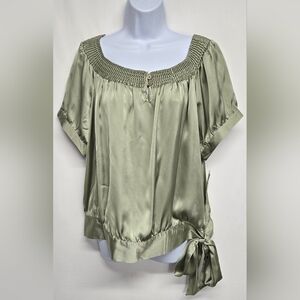 Agora New L Silky Smooth Feel Pullover Top Elastic Neck Side Tie Sage Color